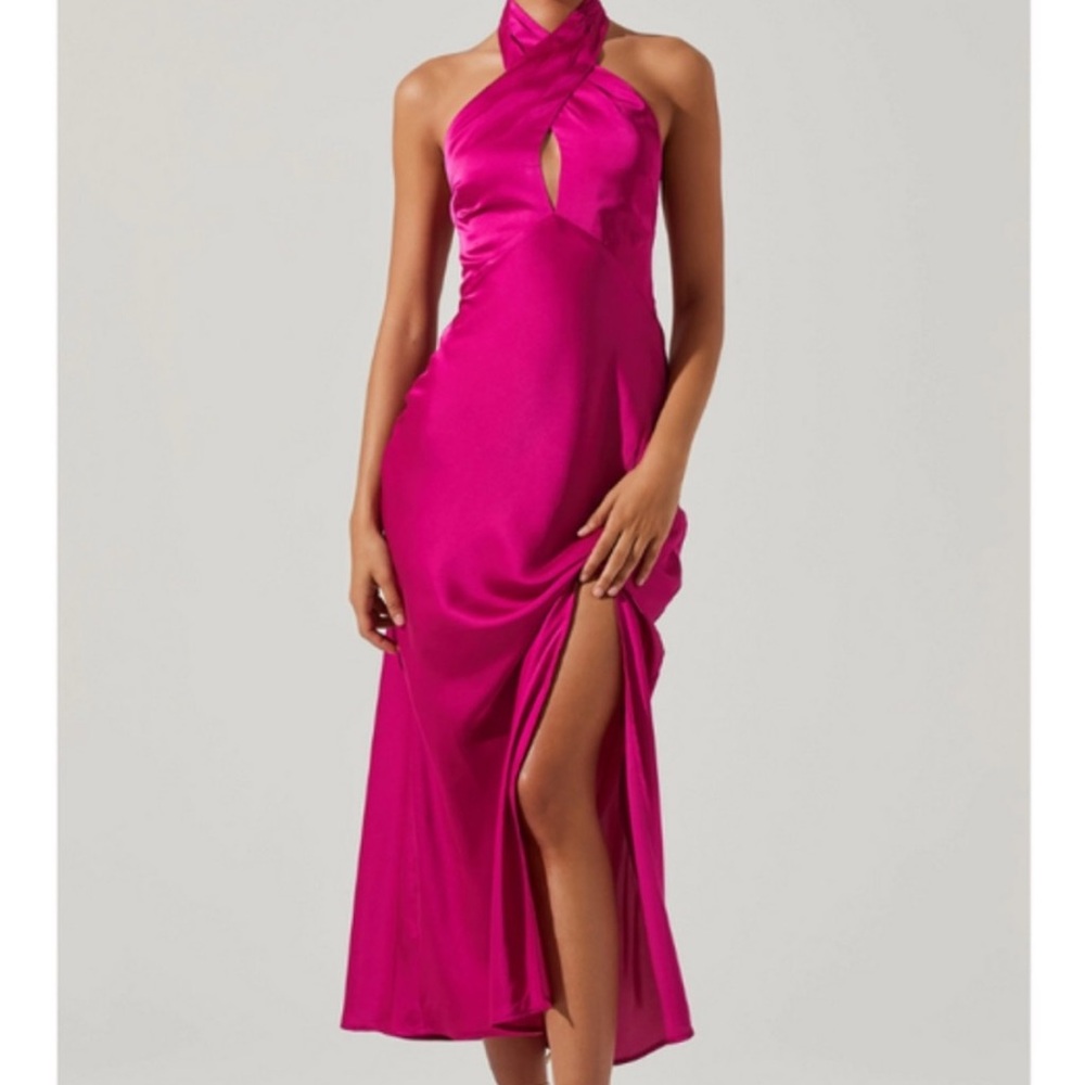 Astr Fuchsia Halter Midi Dress with Front Keyhole and Thigh Slit